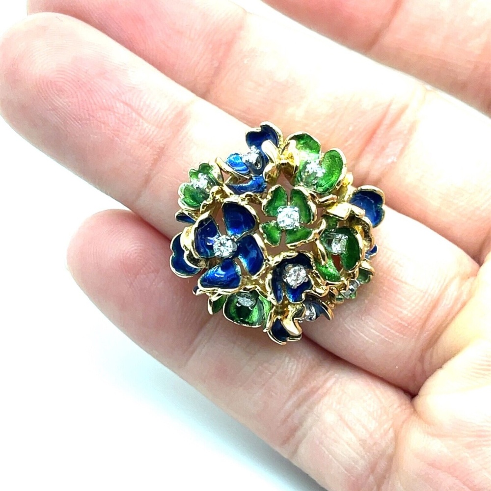 Tiffany & Co 18k Yellow Gold Round White Diamond Flower Enamel Ring Size 6.5